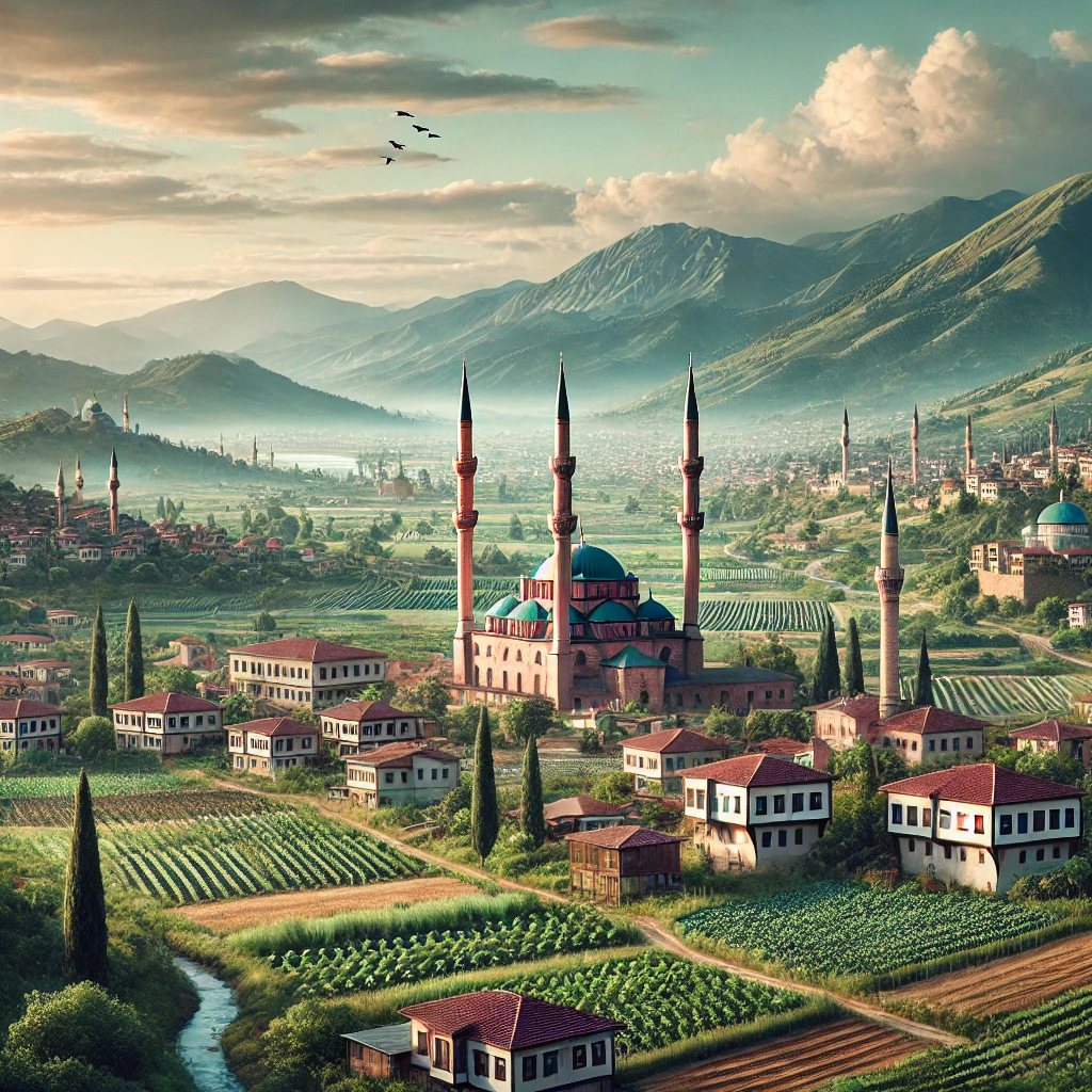 Realistic view of Tire, Izmir showcasing lush green landscape, Ottoman architecture, historic mosques, and surrounding mountains