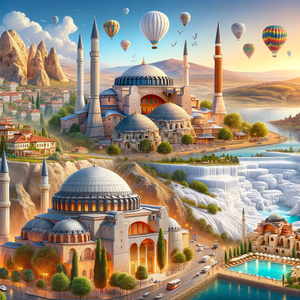 Iconic landmarks from the top 10 cities in Turkey preferred by long-distance travelers, including Hagia Sophia, Cappadocia's fairy chimneys, Pamukkale's travertine terraces, and Antalya's coastline.