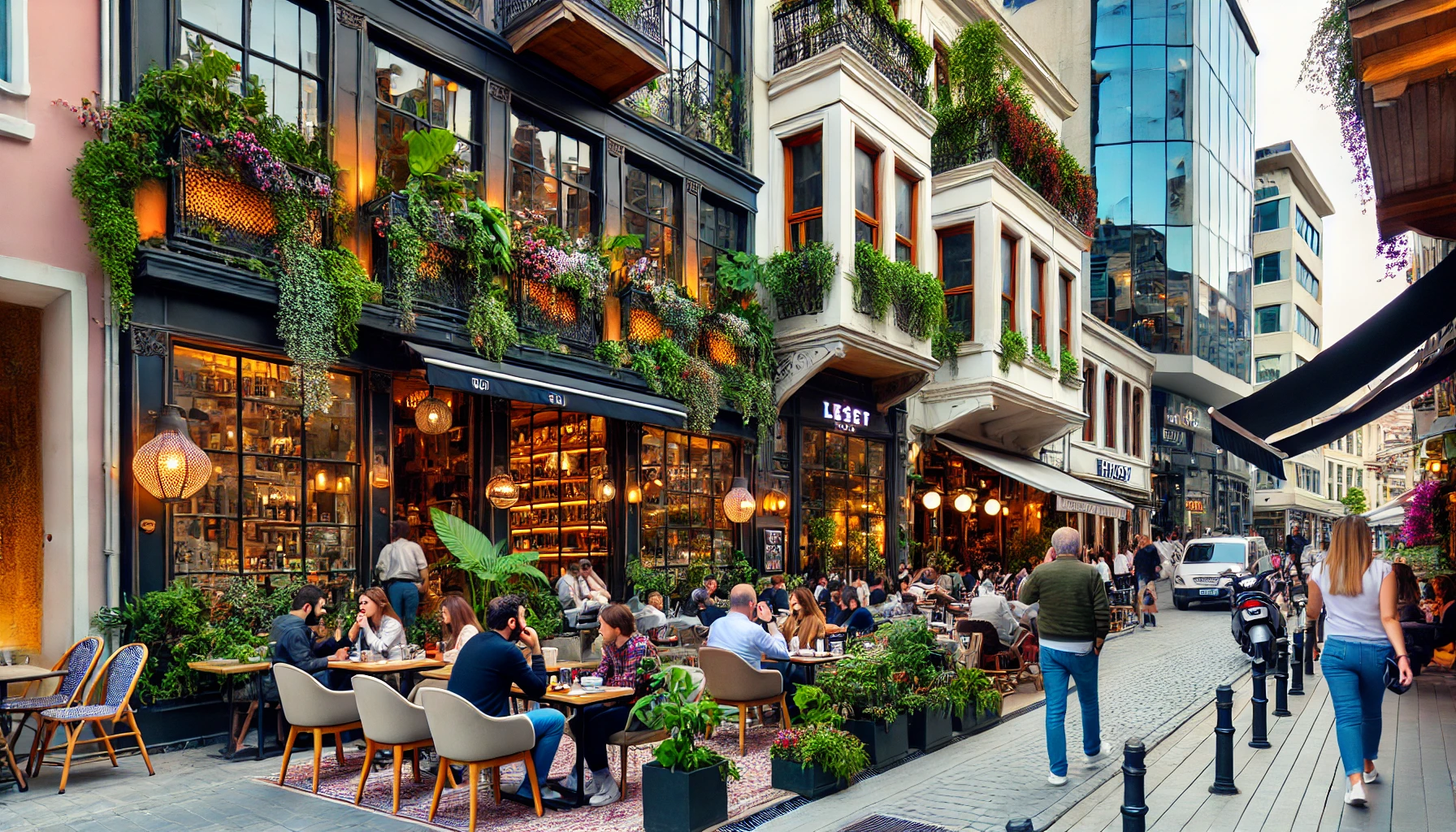 Vibrant street scene in Nişantaşı, Istanbul, featuring trendy cafes, chic restaurants, and bustling pubs with people enjoying their time.