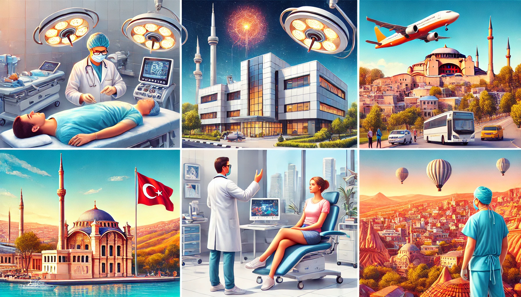 Collage of medical tourism in Turkey featuring a modern hospital, patient consulting with a doctor, Turkish landscape, and post-treatment relaxation.