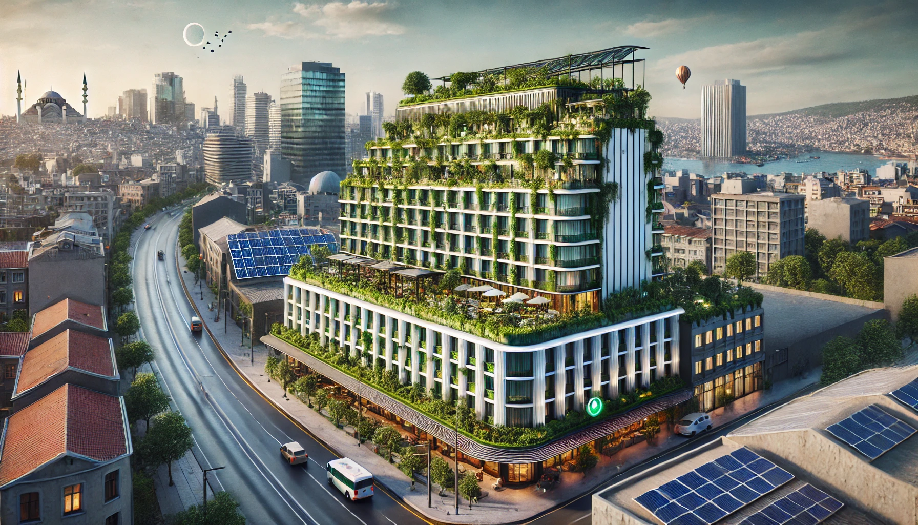 Eco-friendly hotel in Istanbul with modern design, rooftop gardens, and solar panels in a vibrant district.