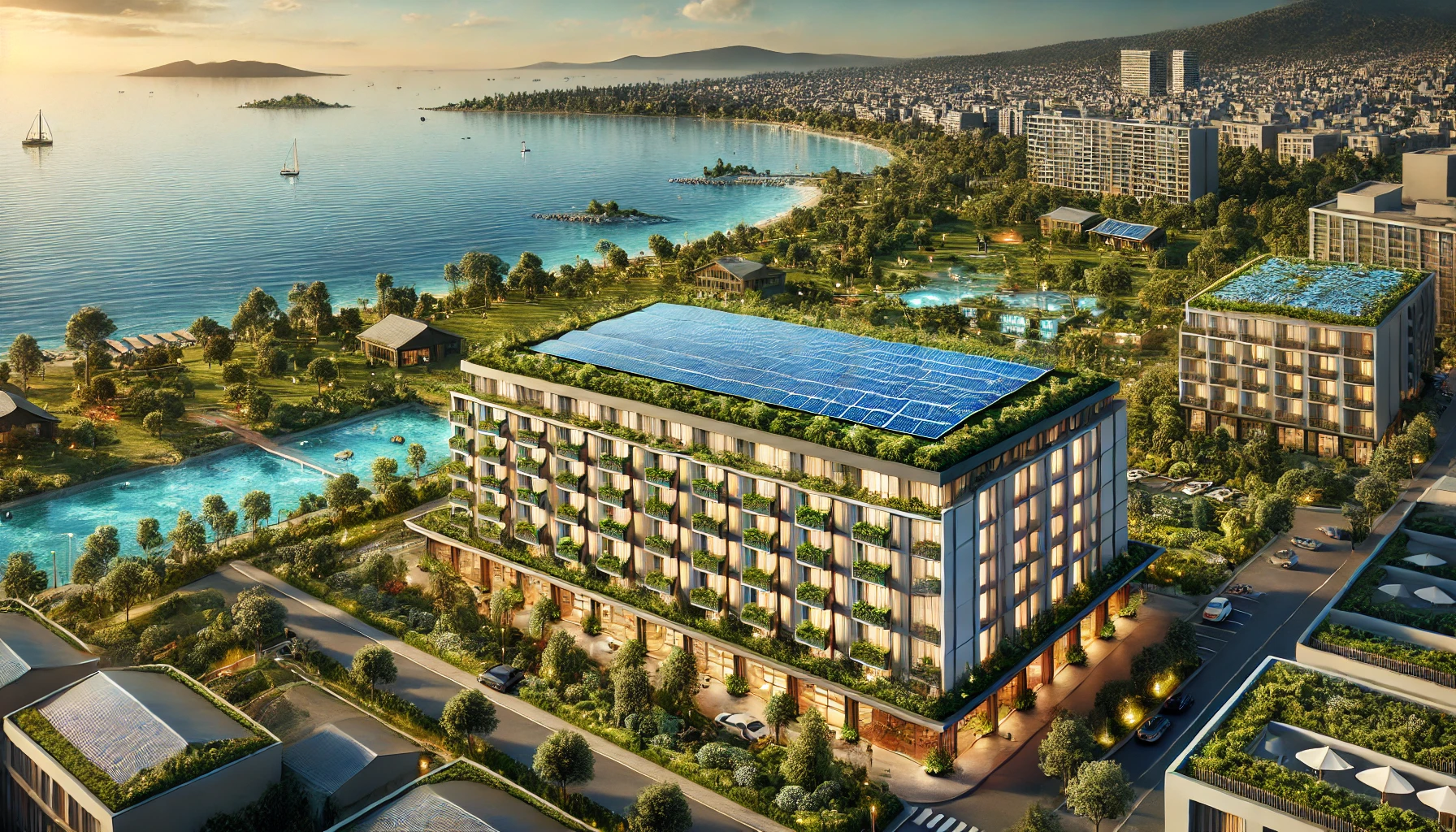 Luxury hotel in Izmir, Turkey, with sustainable architecture including green rooftops, solar panels, and sea views.