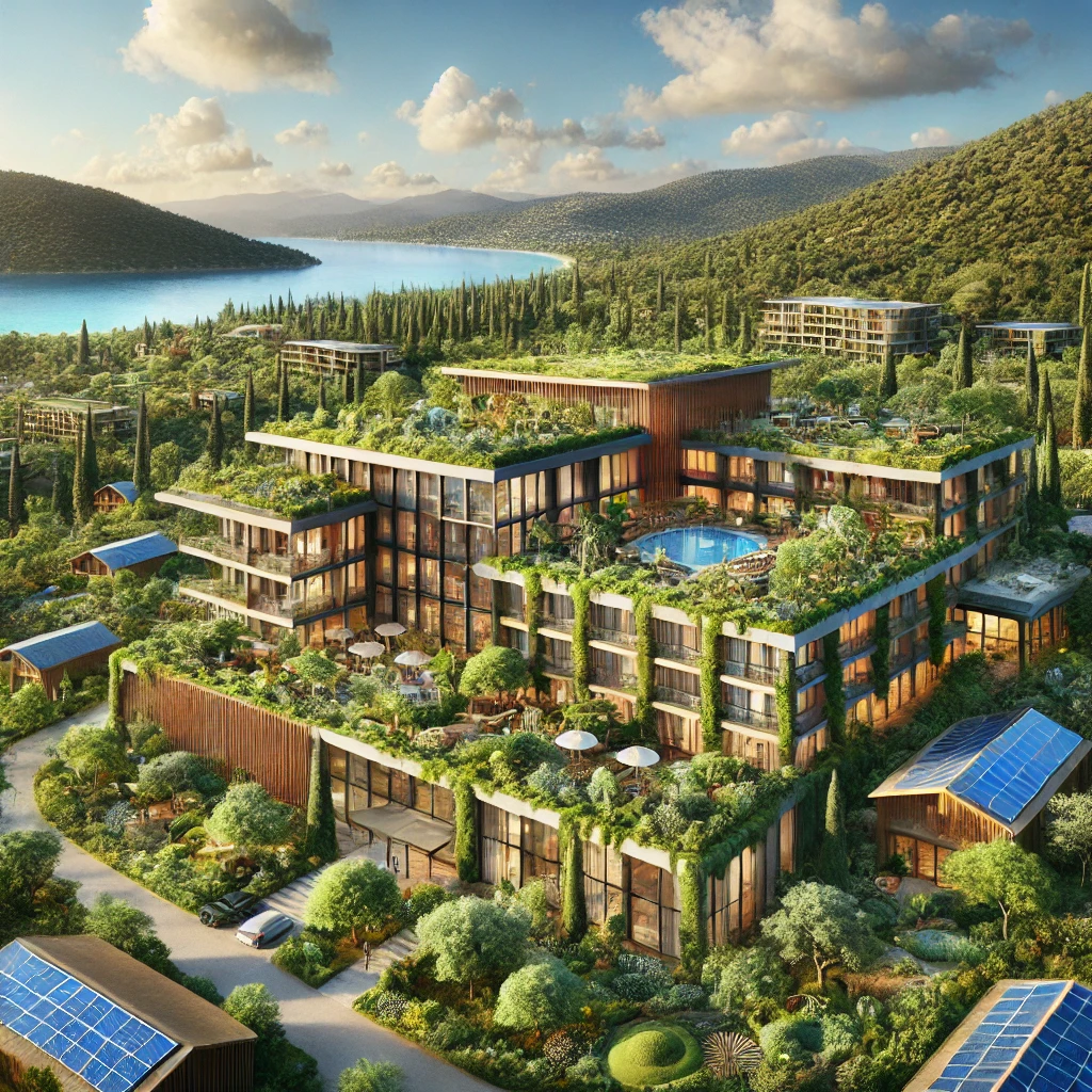 A luxurious eco-friendly hotel in Muğla, Turkey, surrounded by lush greenery and featuring modern sustainable architecture.