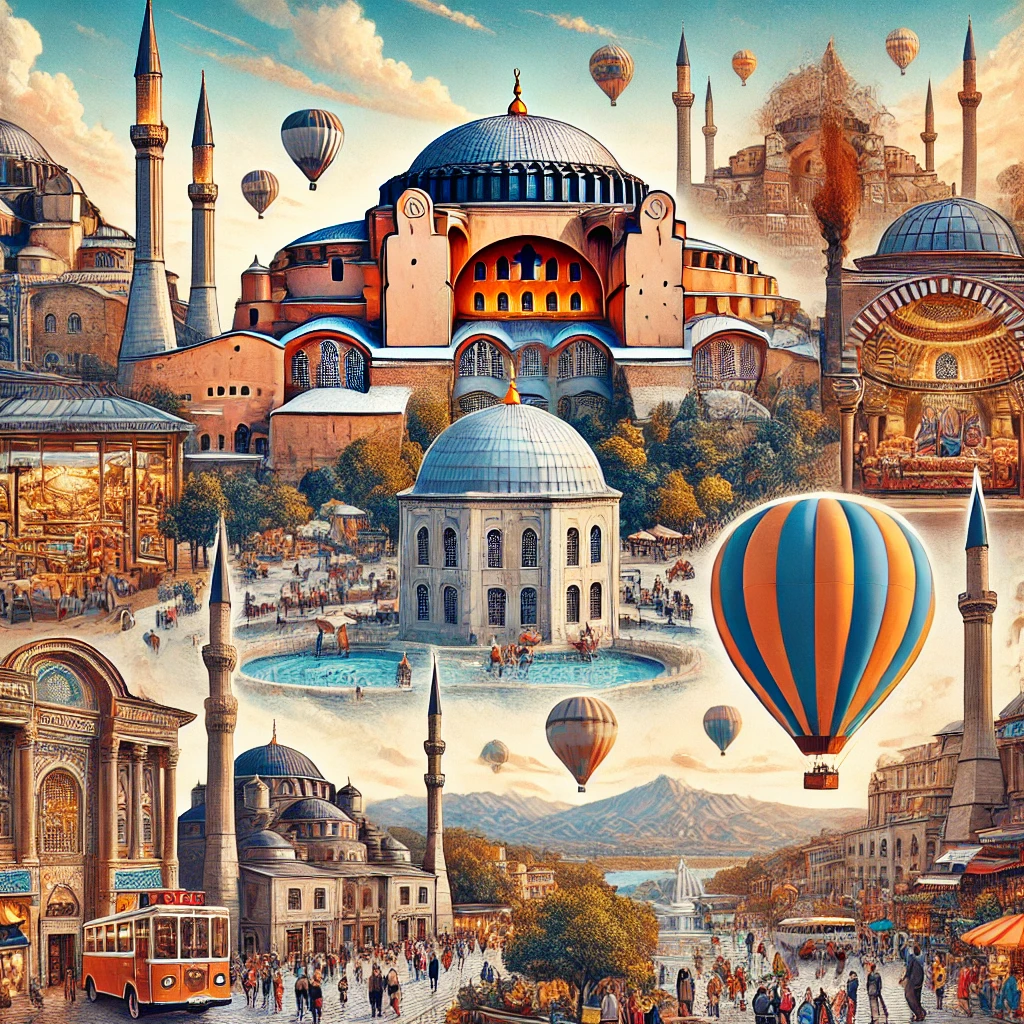 Collage showcasing top attractions in Turkey, including Hagia Sophia, the Blue Mosque, Cappadocia's hot air balloons, and the Grand Bazaar.