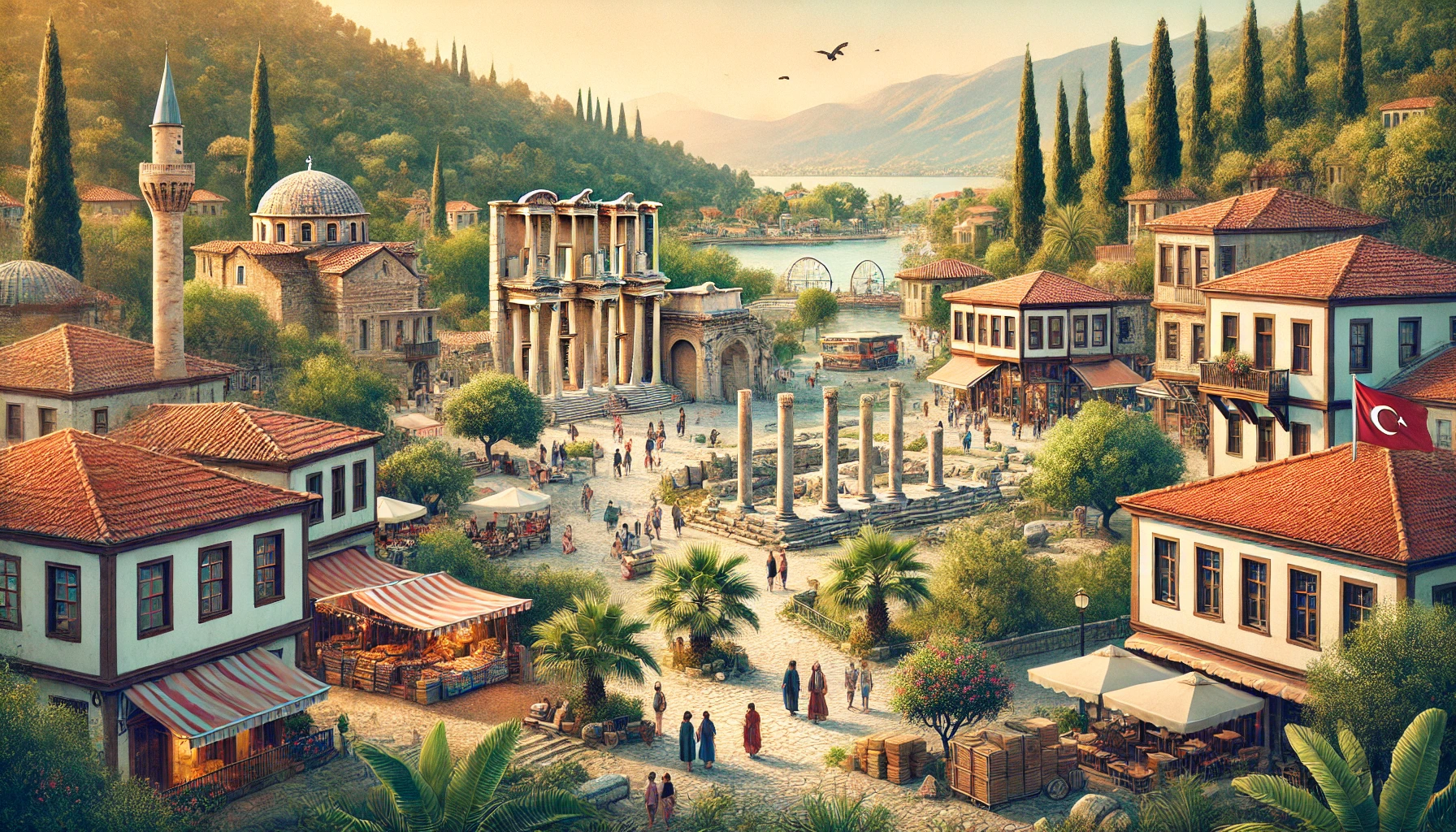 Picturesque district in Torbalı, Izmir, Turkey, featuring ancient ruins from the Metropolis Ancient City, lush green landscapes, vibrant local markets, and scenic views.