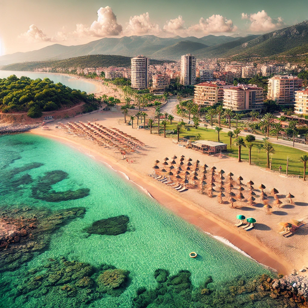 Scenic view of Tosmur, Alanya with sandy beach, turquoise waters, and Taurus Mountains in the background.