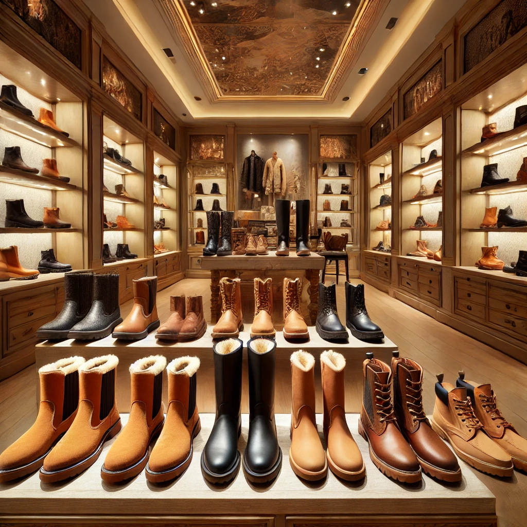 A trendy Turkish footwear store showcasing a variety of stylish boots, including UGG slippers, cowboy boots, Chelsea boots, and knee-high boots.