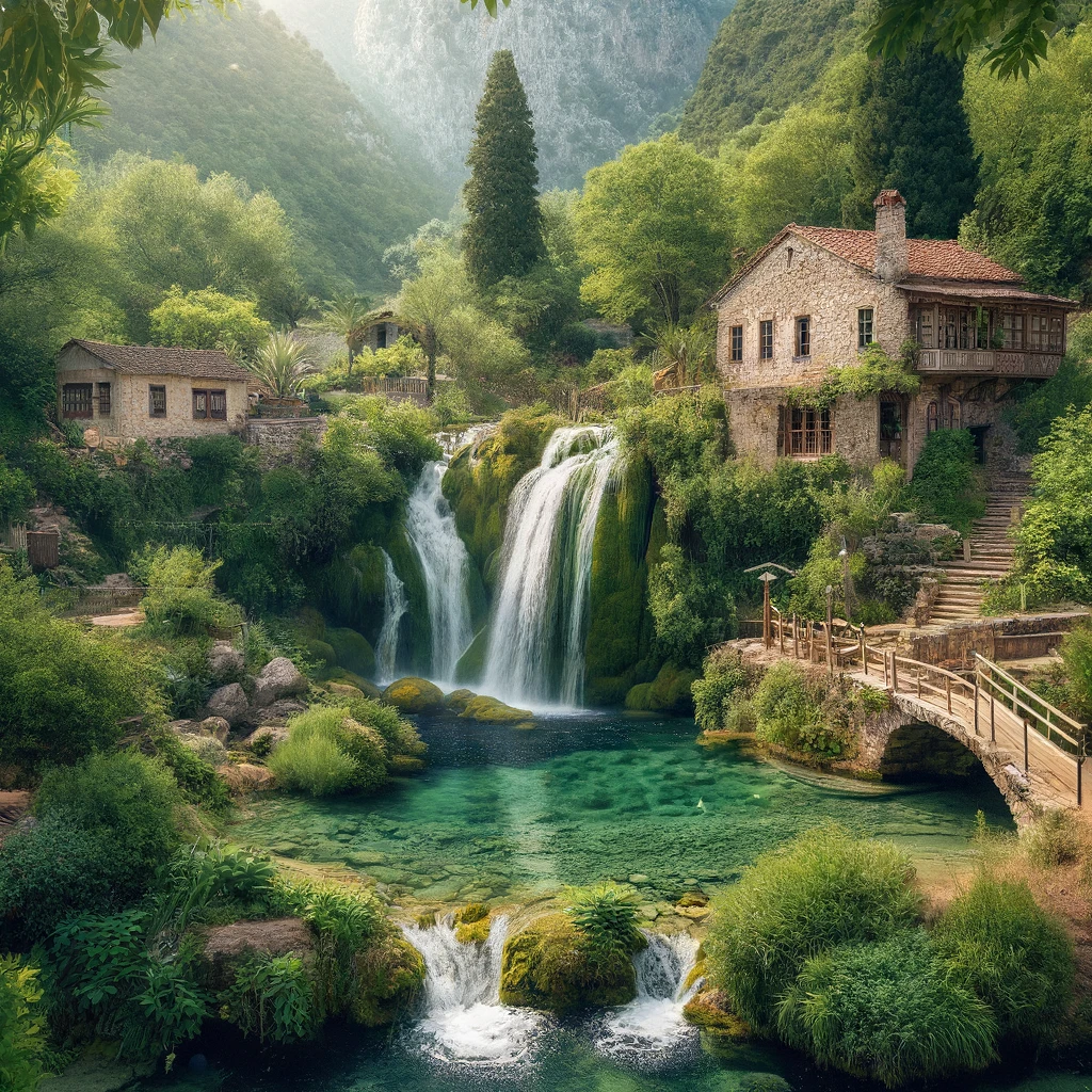 A serene view of Turgut, Marmaris featuring a picturesque waterfall surrounded by lush greenery and traditional stone houses.