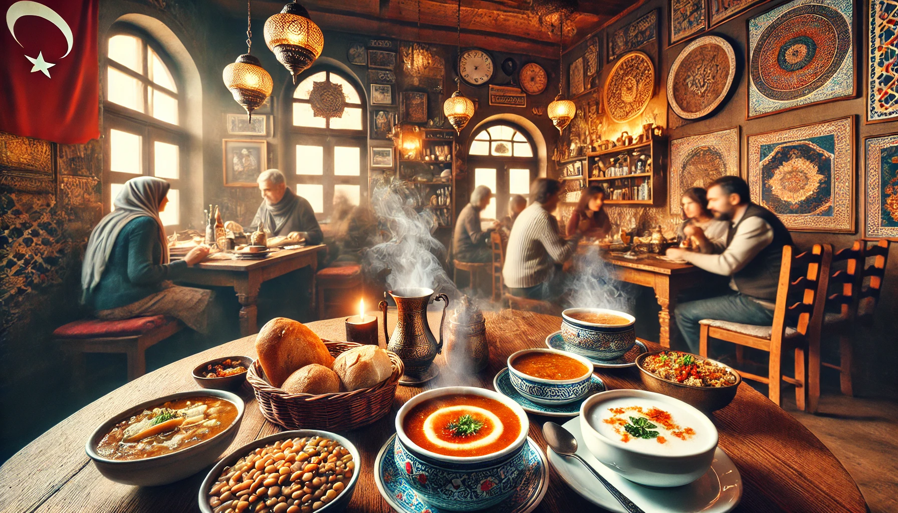 Cozy Turkish soup restaurant with traditional decor, serving a variety of soups including paça, lentil, and ezogelin, with fresh bread on the side.