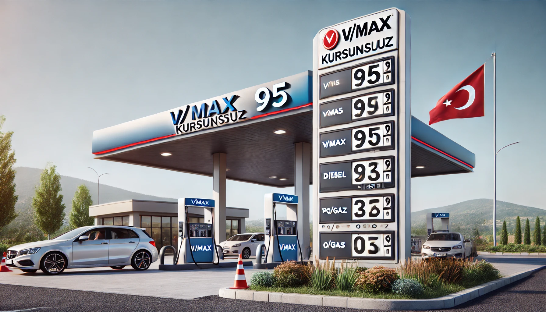 Modern petrol station in Turkey displaying current fuel prices for V/Max Kurşunsuz 95, V/Max Diesel, V/Pro Diesel, and PO/gaz Otogaz.