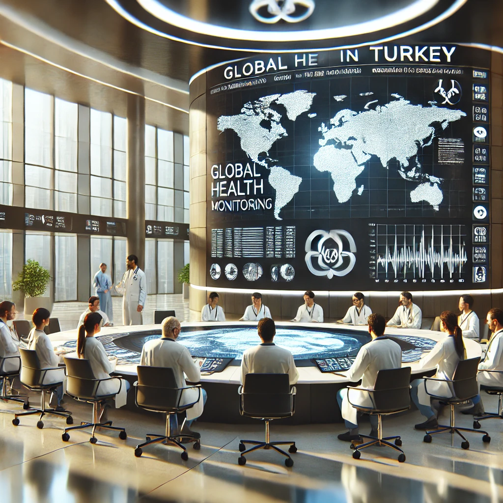 Modern medical facility in Turkey with healthcare professionals discussing global health monitoring.