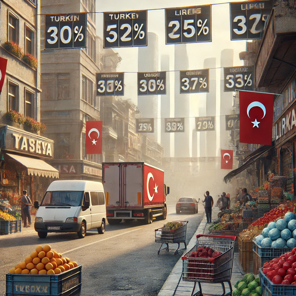 Market scene in Turkey showing rising prices and economic tension due to inflation in August 2024.