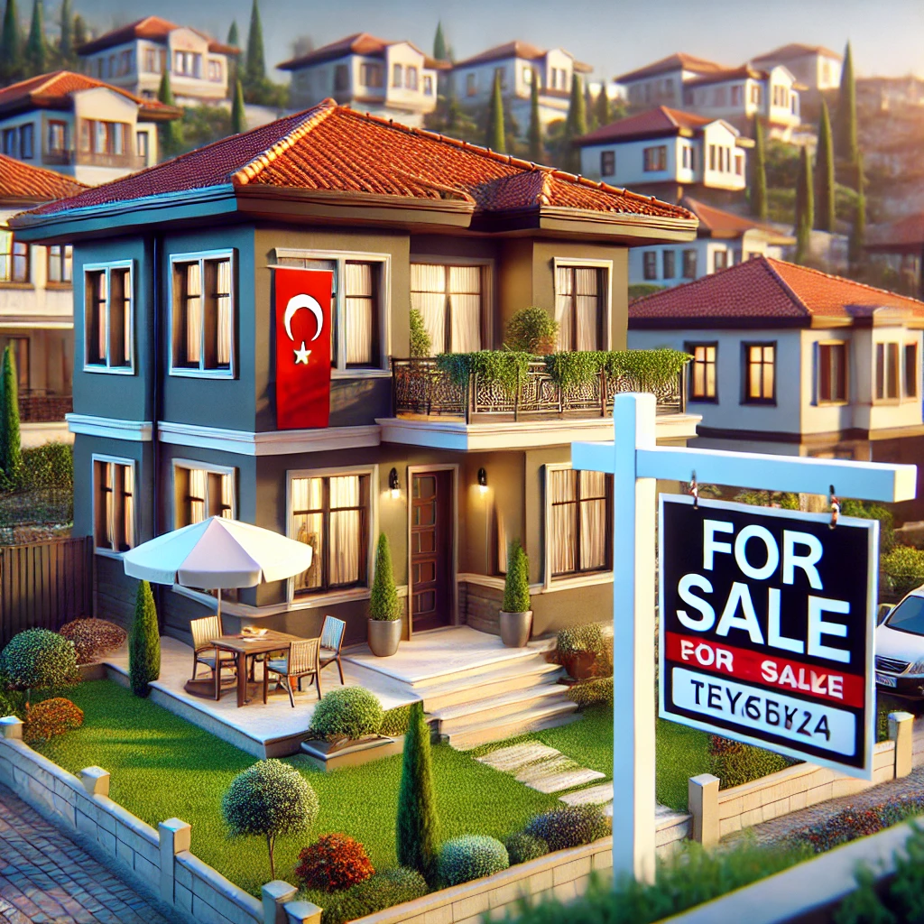 Well-maintained Turkish property for sale with a 'For Sale' sign, staged and ready for buyers, in a vibrant neighborhood.