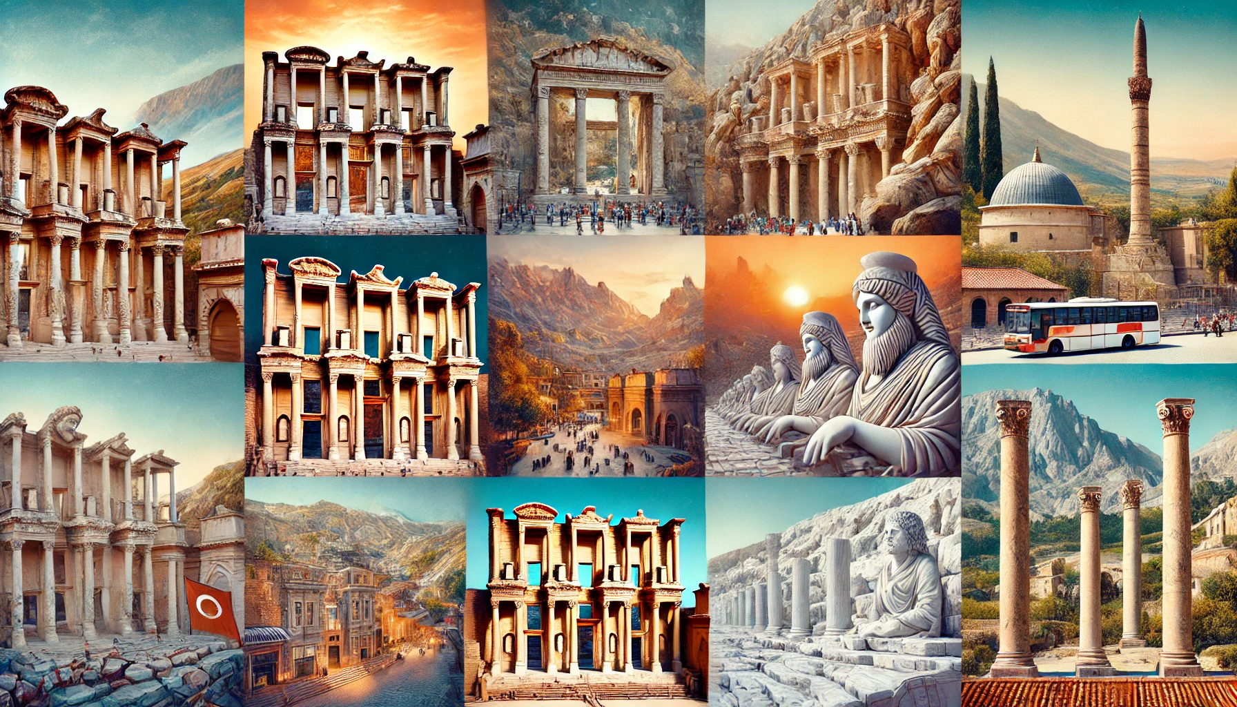 Collage of Turkey's UNESCO World Heritage Sites including Ephesus, Cappadocia, Pamukkale, Nemrut Dağ, and Hagia Sophia