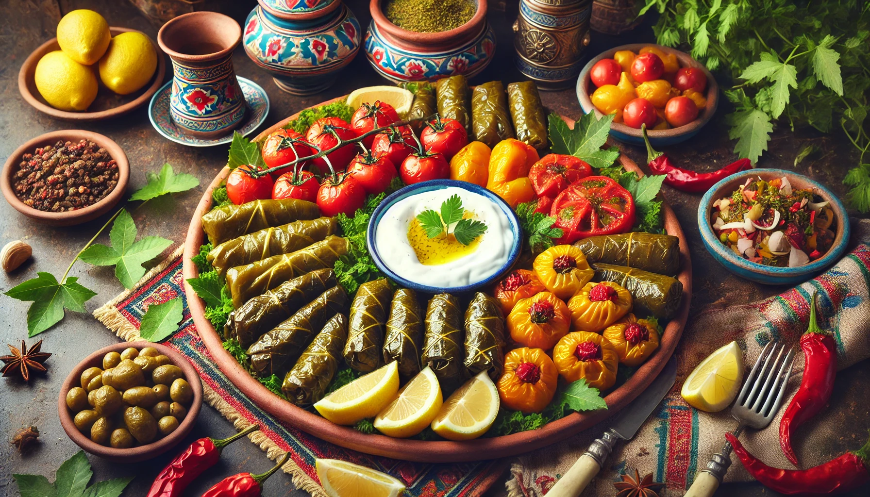 Platter of various types of dolma, including stuffed grape leaves, peppers, and tomatoes, garnished with lemon wedges and fresh herbs, served with a side of yogurt.