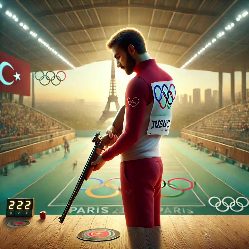 Turkish shooter in a poised stance at the Paris 2024 Olympics with the Eiffel Tower in the background.