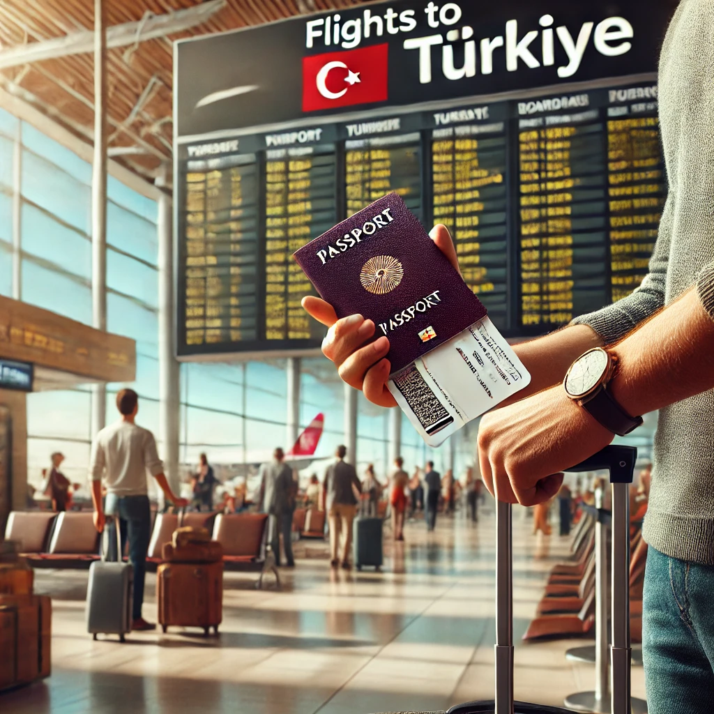 Traveler at an airport holding a passport and boarding pass near a flight information board displaying flights to Türkiye.