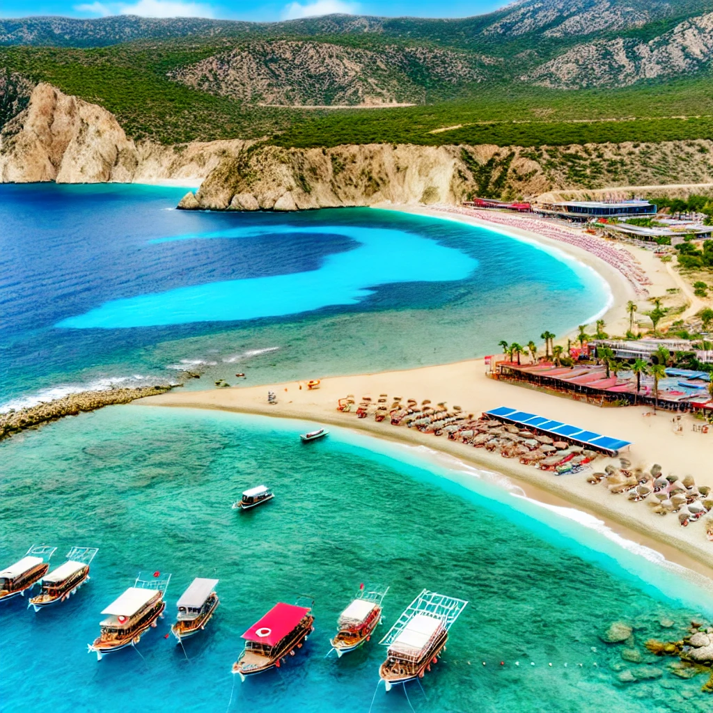 Stunning view of Türkiye's coastline with a pristine beach, turquoise waters, vibrant bars, and traditional boats.