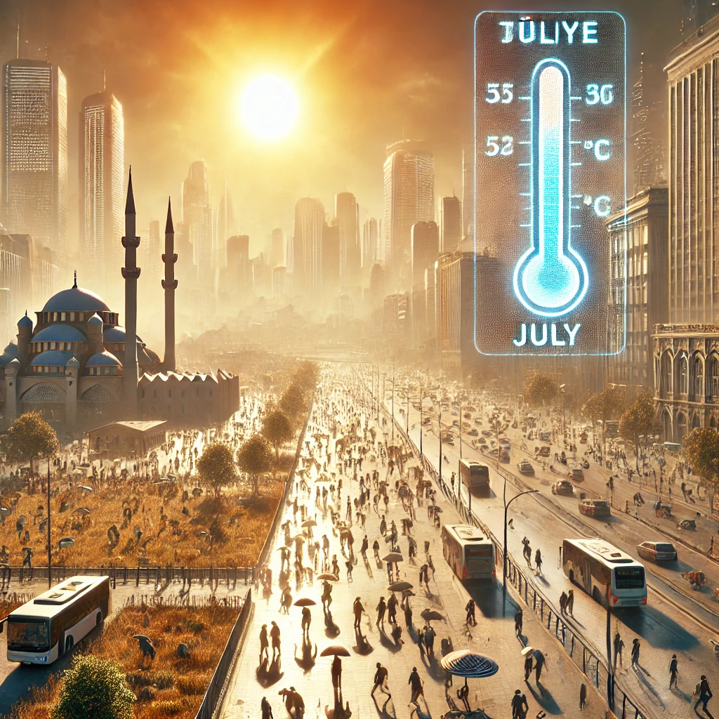 Realistic image of Türkiye during a severe heatwave in July, showcasing intense sunlight and people seeking shade.