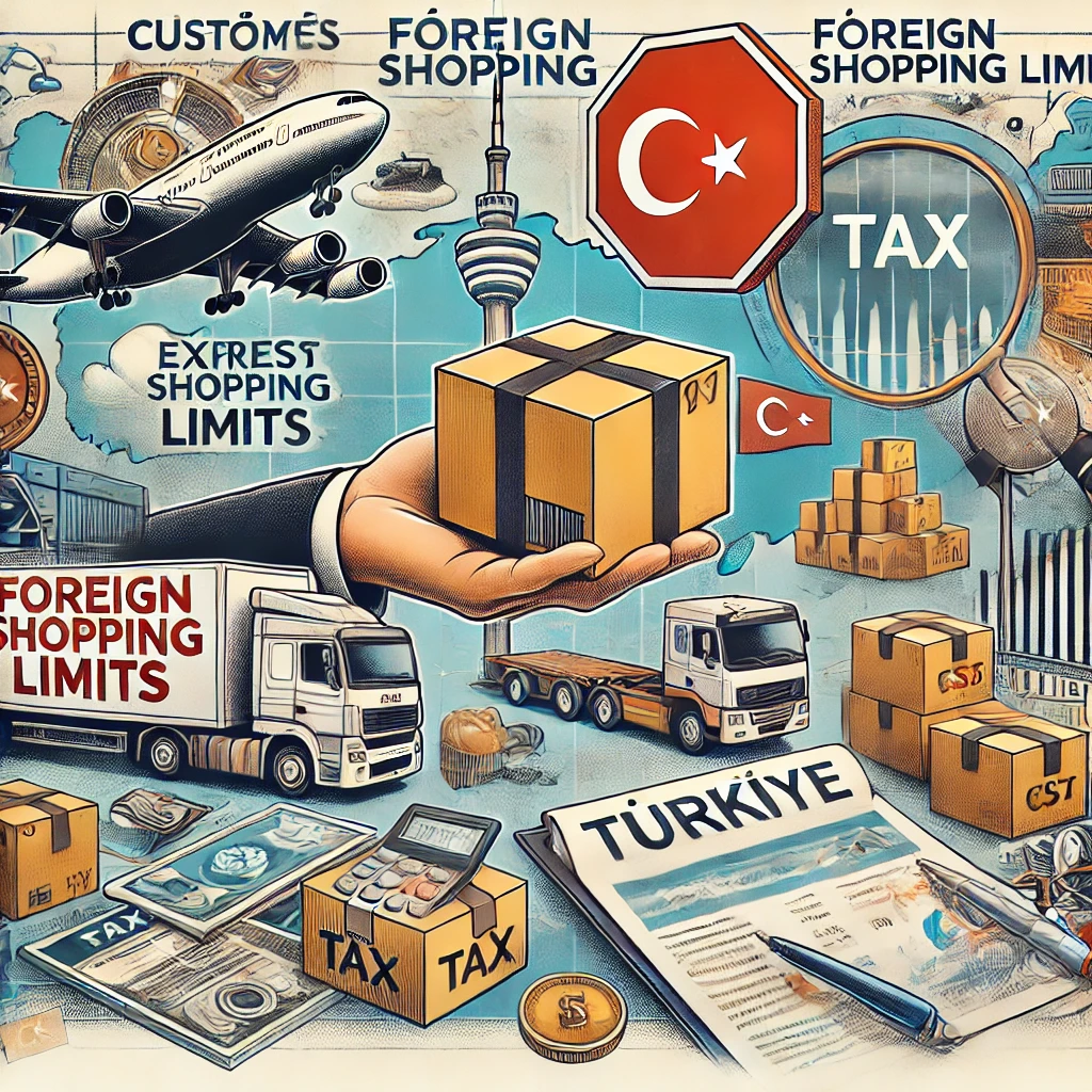 Collage illustrating Türkiye's new foreign shopping limits with customs checkpoint, package inspections, tax calculations, and online shopping visuals.