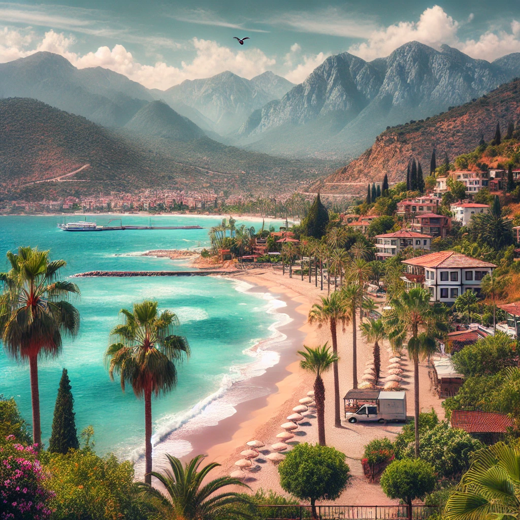 Scenic view of Türkler, Alanya with Mediterranean coastline, sandy beaches, and Taurus Mountains.