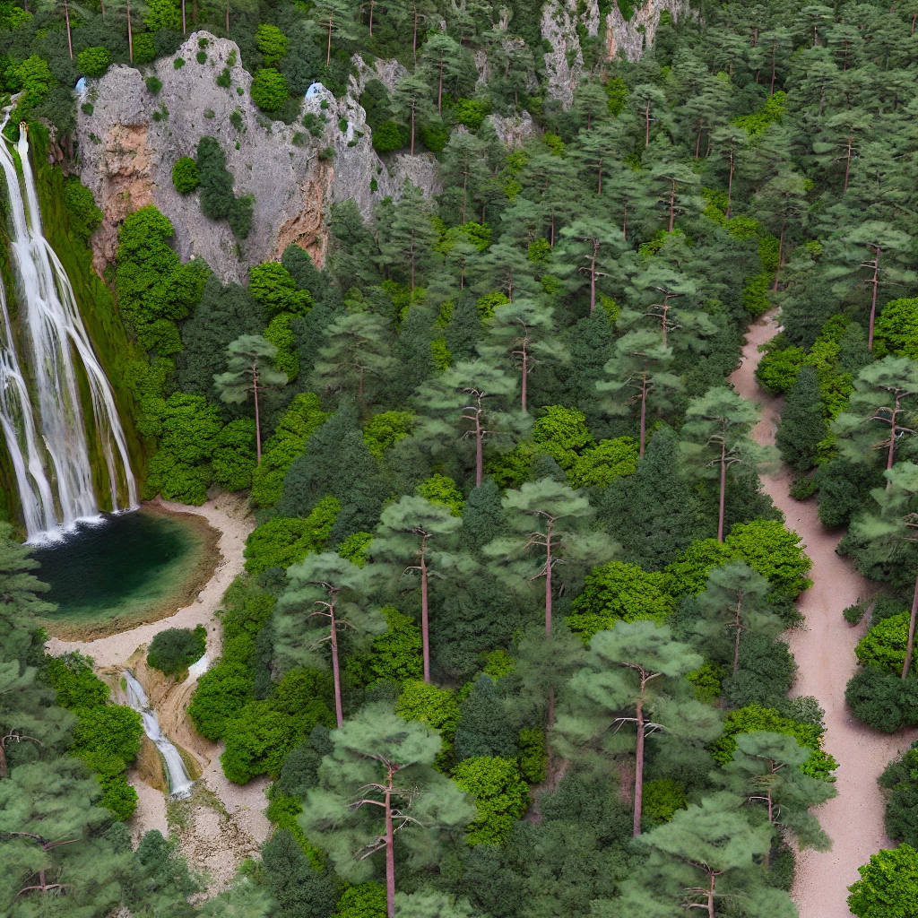 Scenic view of Uçansu Waterfall in Antalya, Turkey, with Upper and Lower Uçansu Waterfalls surrounded by dense pine forests and a serene natural pool.