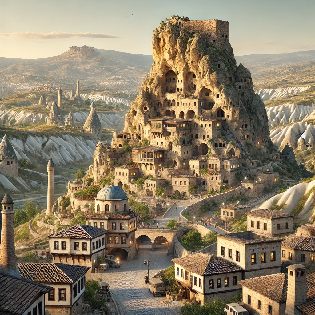 Realistic image of Uçhisar Castle in Nevşehir, Cappadocia, with fairy chimneys and scenic valleys in the background.