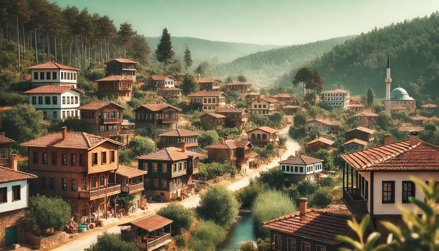 Scenic view of Ula, Muğla, Turkey, showcasing traditional Turkish houses with tiled roofs and wooden structures surrounded by lush greenery and forested areas.