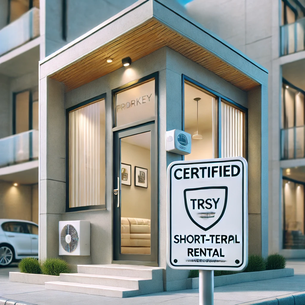 Modern residential property in Turkey with a plaque indicating certification for short-term rental.