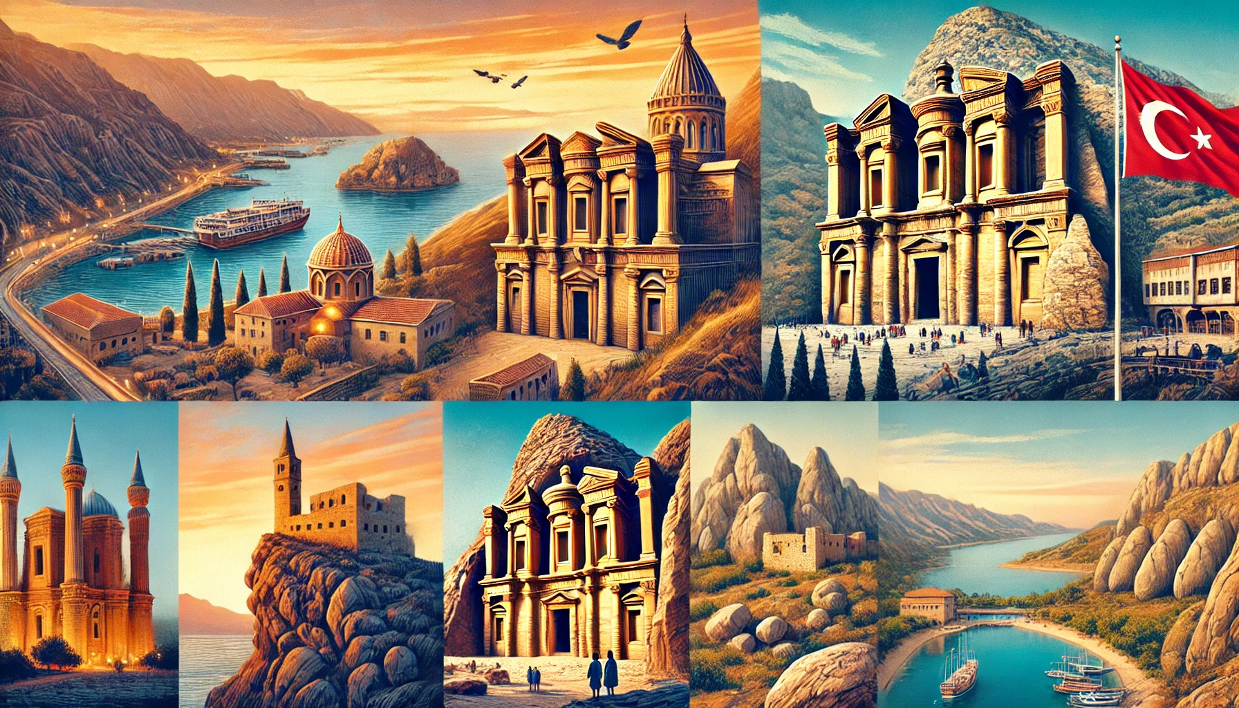 Collage of Turkey's UNESCO Tentative List Sites including Harran ruins, Sümela Monastery, Alanya Castle, Ahlat rock tombs, and Alahan Monastery