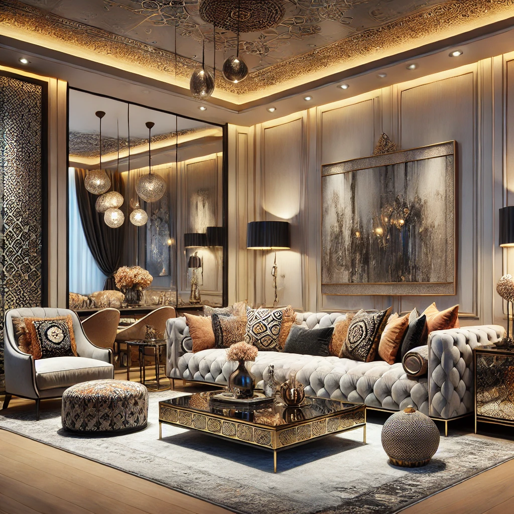 A modern living room featuring traditional Turkish furniture, including a luxurious patterned sofa, sleek coffee table, and a stylish mirror, blending contemporary design with Turkish motifs.