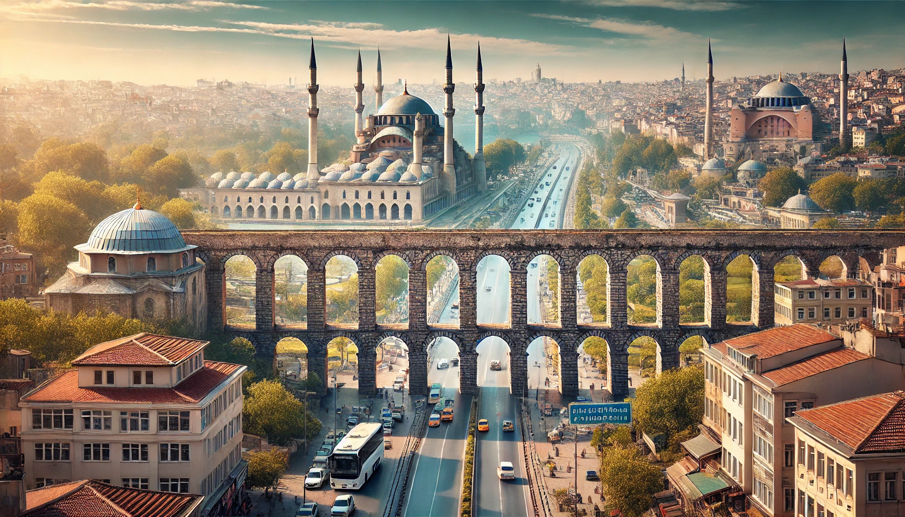 Valens Aqueduct (Bozdoğan Kemeri) in Istanbul with arches over Atatürk Boulevard, Fatih Mosque and Istanbul University in the background