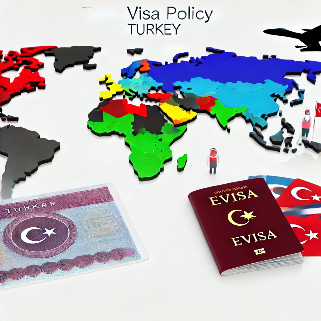 Map of Turkey’s visa policy highlighting visa-exempt countries, eVisa eligible nations, and passport symbols.