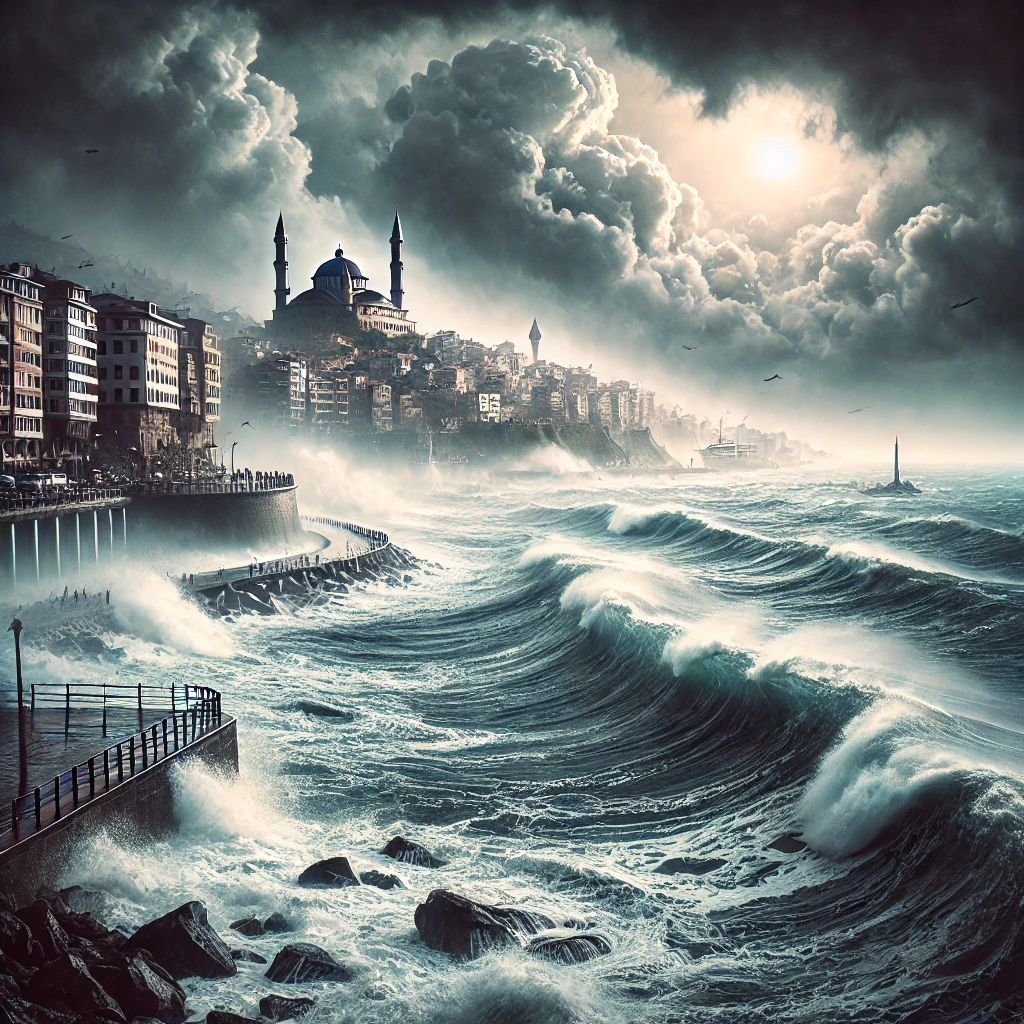 Stormy sea with high waves in Trabzon or Giresun, Türkiye, under dark, cloudy skies, emphasizing hazardous weather conditions.