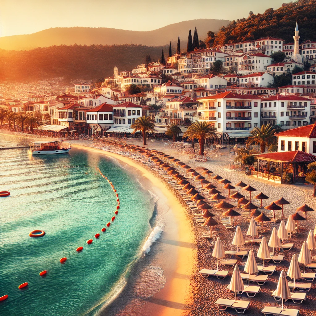 A picturesque view of Kuşadası, Turkey, featuring a serene beach with clear blue waters, lined with umbrellas, and whitewashed buildings in the background.