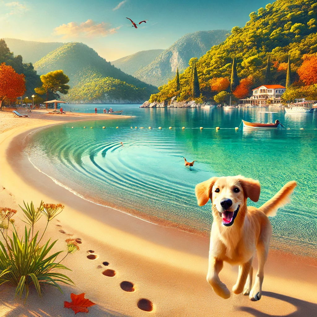 et-friendly beach in Turkey with a dog running along the shore, calm turquoise waters, and autumn foliage in the background.