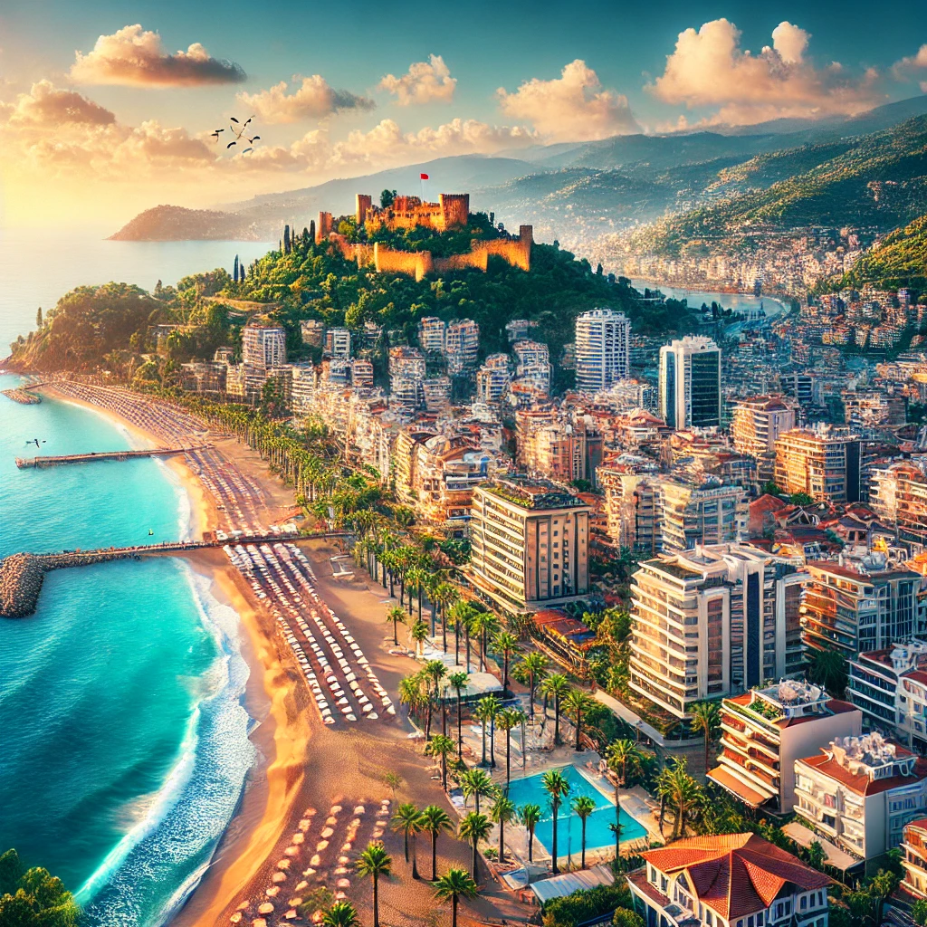 Coastal view of Alanya, Turkey with beachfront resorts, Alanya Castle, and Mediterranean Sea.