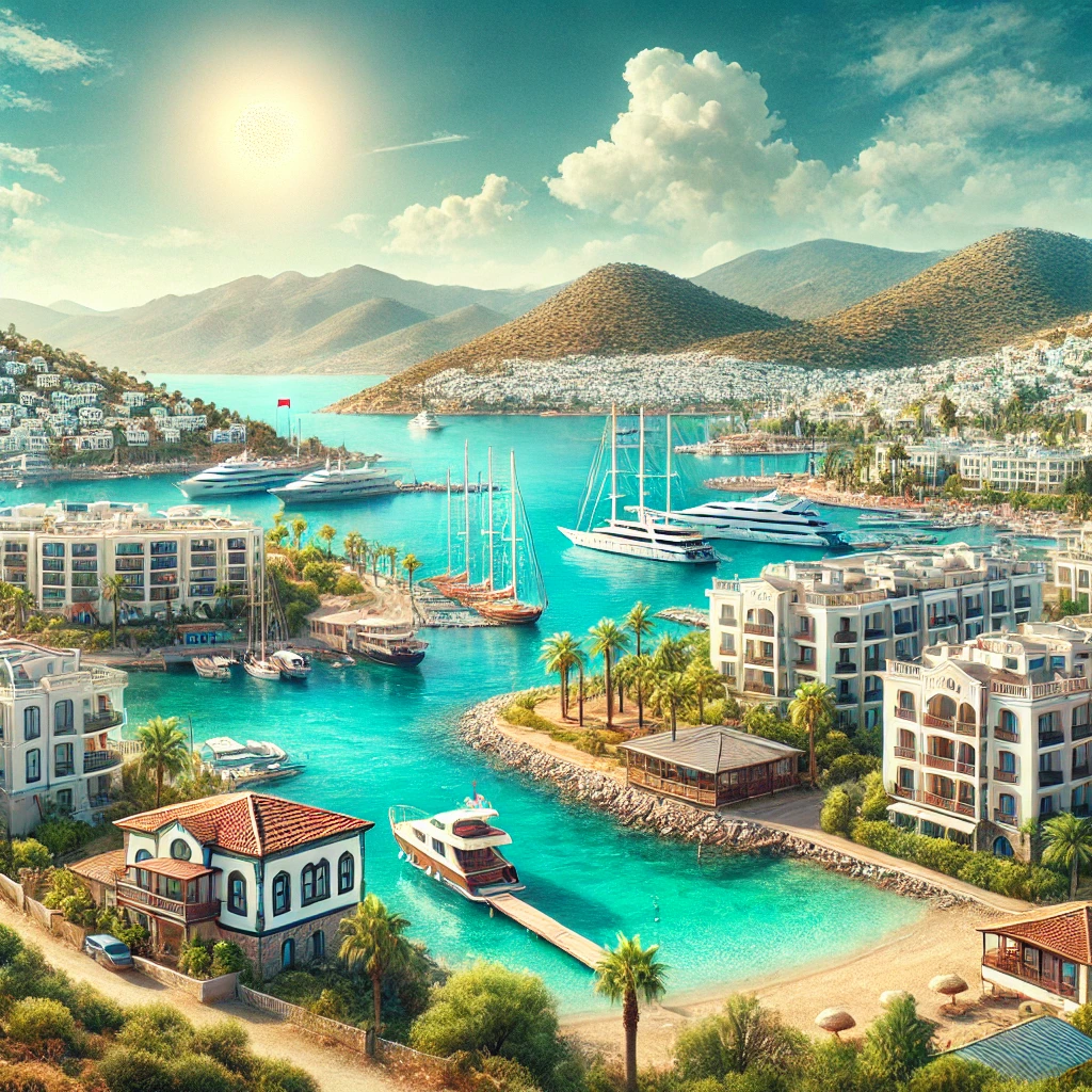 Scenic view of Bodrum, Turkey, featuring luxury resorts, traditional whitewashed buildings, and a picturesque marina with yachts.