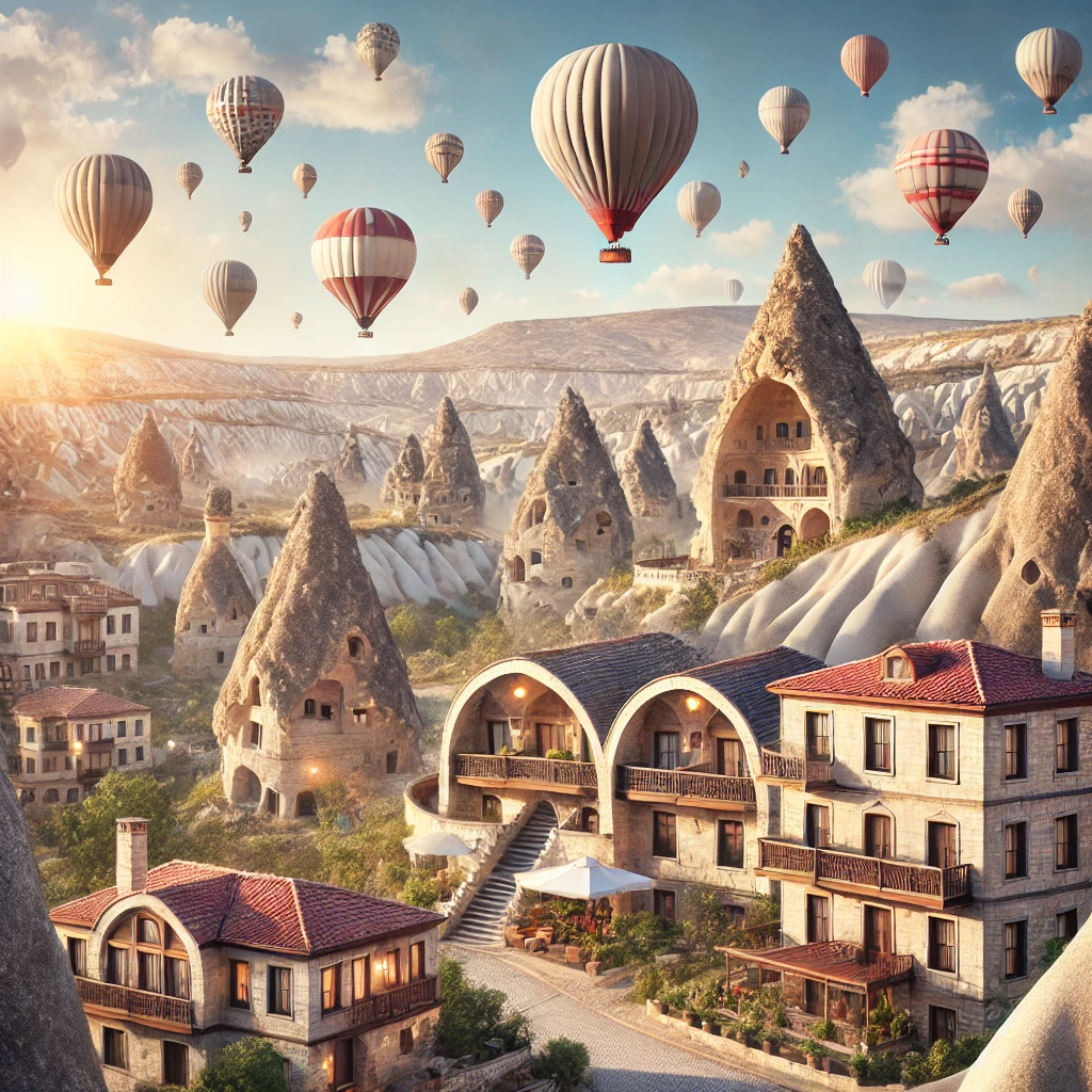 Cappadocia landscape with fairy chimneys, cave hotels, and hot air balloons.