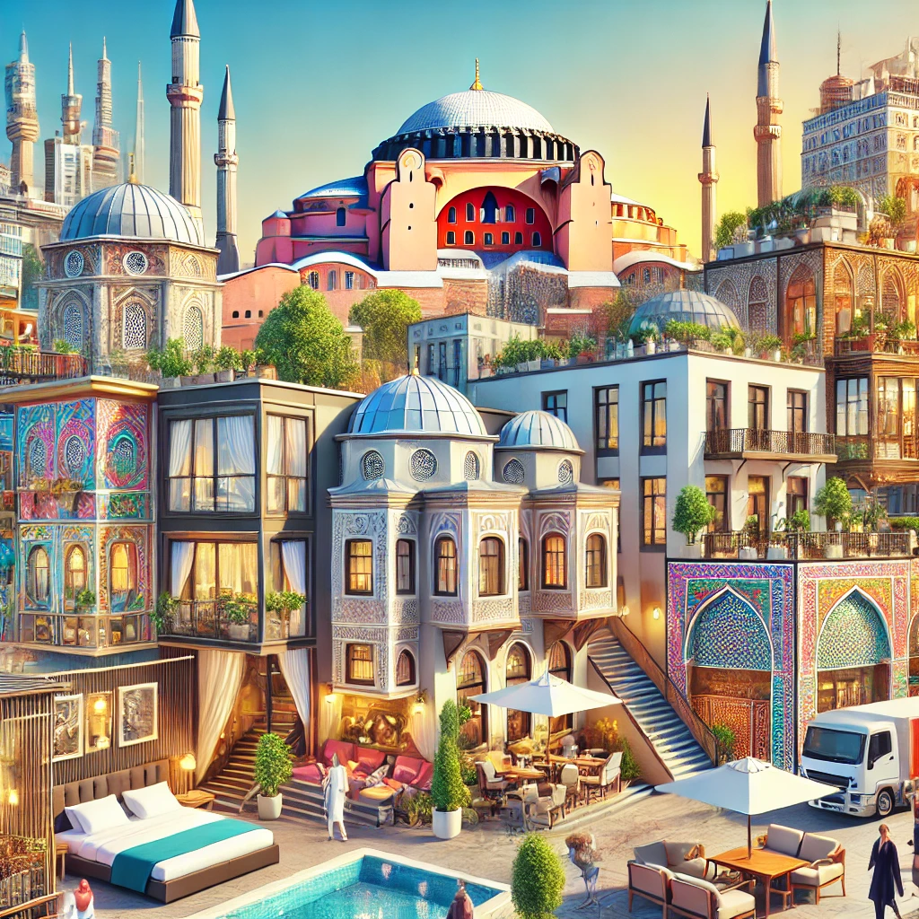 A vibrant scene of Istanbul showcasing various accommodations with Hagia Sophia in the background, highlighting both modern and traditional architecture.