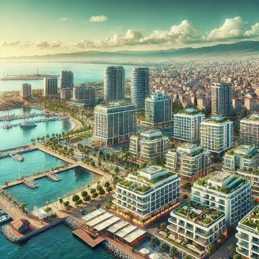 A stunning aerial view of Izmir, Turkey, capturing the city's vibrant coastline and modern hotels along the Aegean Sea.