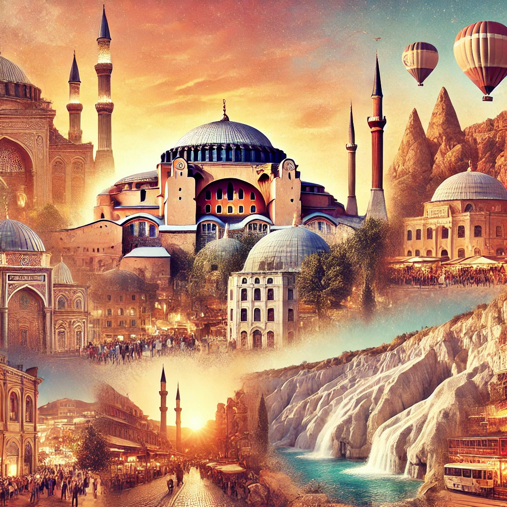 Collage of iconic Turkish landmarks including Hagia Sophia, Blue Mosque, Cappadocia, Pamukkale, and the Grand Bazaar.