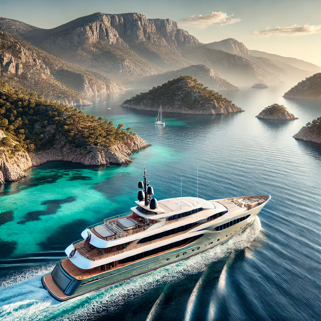 Luxury yacht sailing along the Mediterranean coastline of Turkey.