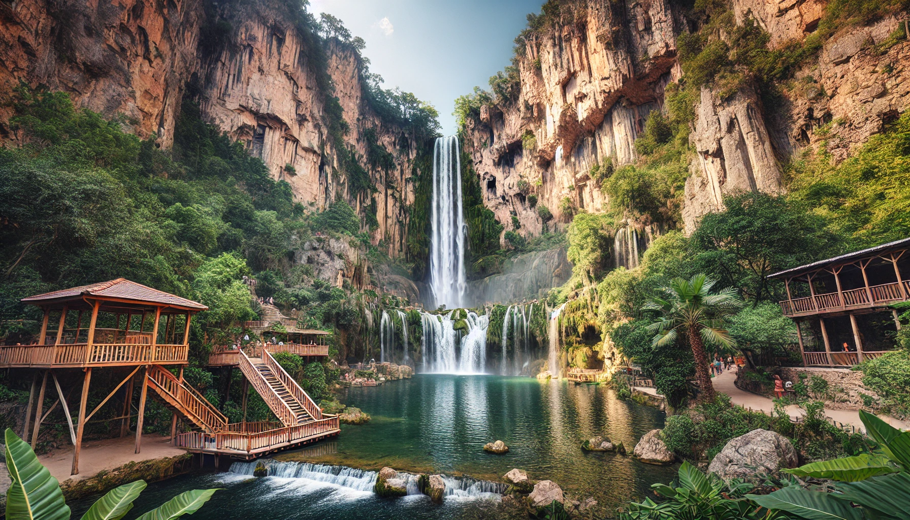 Breathtaking view of Yerköprü Waterfall in Mersin, Turkey, cascading into a pool surrounded by lush greenery and cliffs.