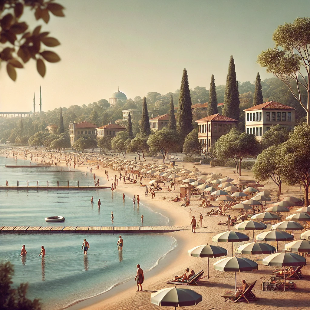 Realistic view of Yeşilköy Çiroz Beach in Istanbul, Bakırköy district, with calm Marmara Sea waters and relaxing beachgoers.