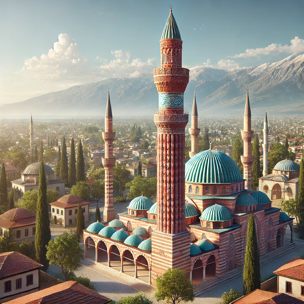 Realistic view of the Yivli Minaret Mosque in Antalya, featuring the tall grooved minaret with turquoise tiles, the multi-domed Yivli Mosque, and surrounding Ottoman-style buildings.