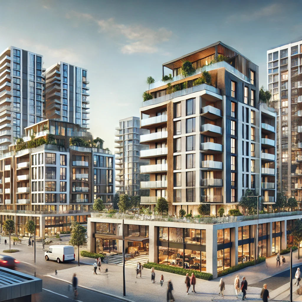 Modern apartment buildings in a bustling Turkish city, reflecting the 2023 real estate market trends.