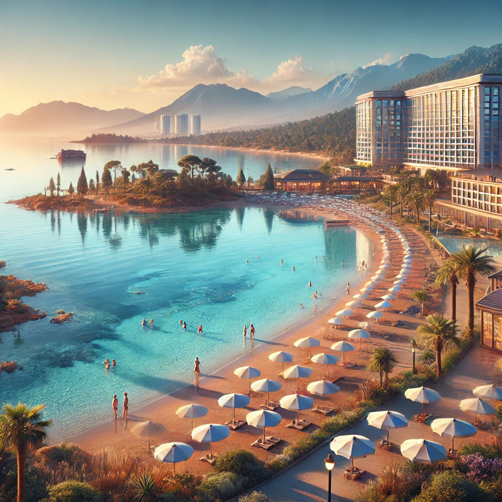 Beautiful coastline of Antalya, Türkiye, with sandy beaches, luxury hotels, and relaxing tourists under umbrellas.