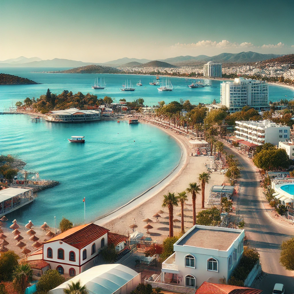 Scenic view of a Turkish coastal town during the off-season with serene beach, fewer tourists, and luxury hotels in the background