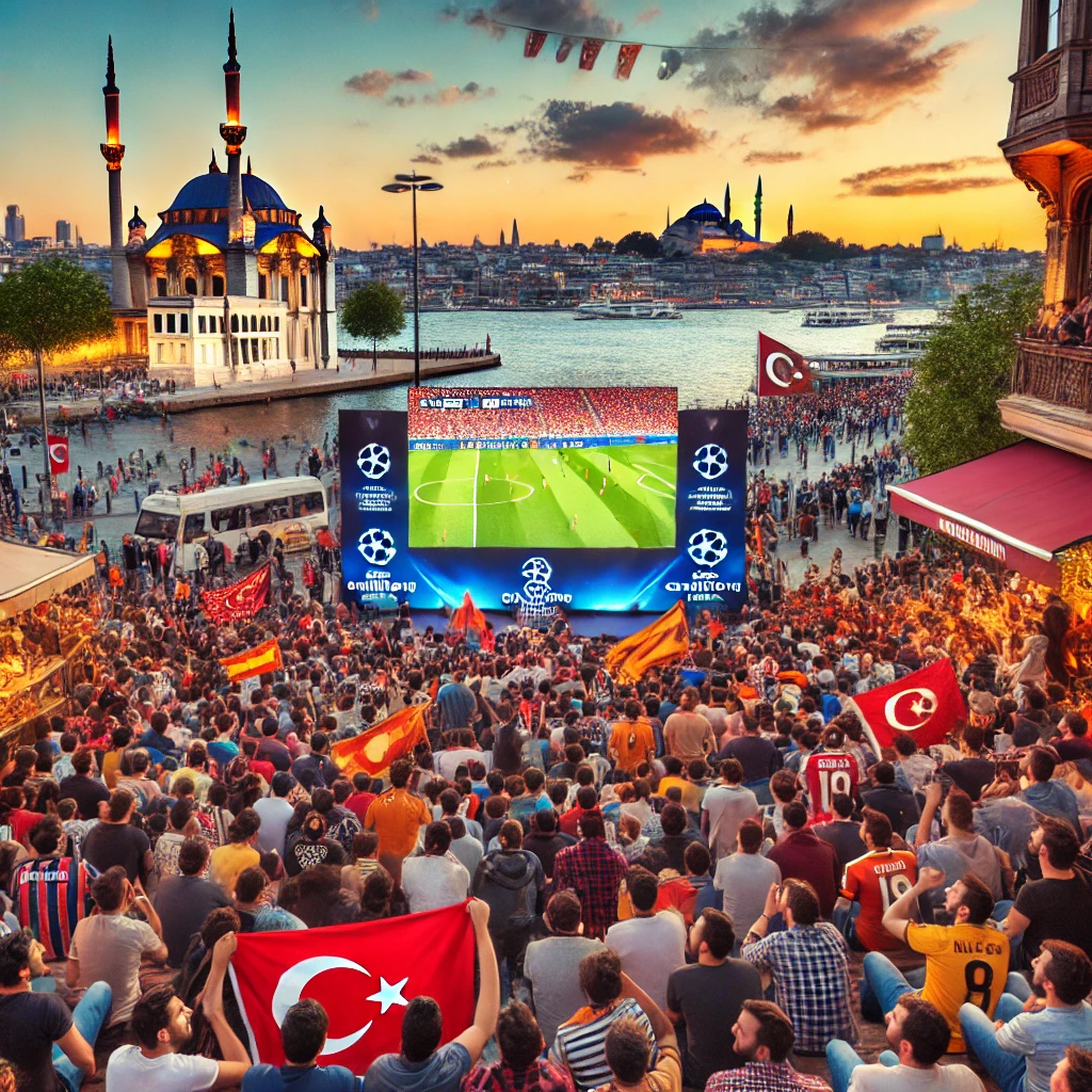 Football fans watching a UEFA Champions League match outdoors in Istanbul, Türkiye, with the cityscape and Bosphorus in the background